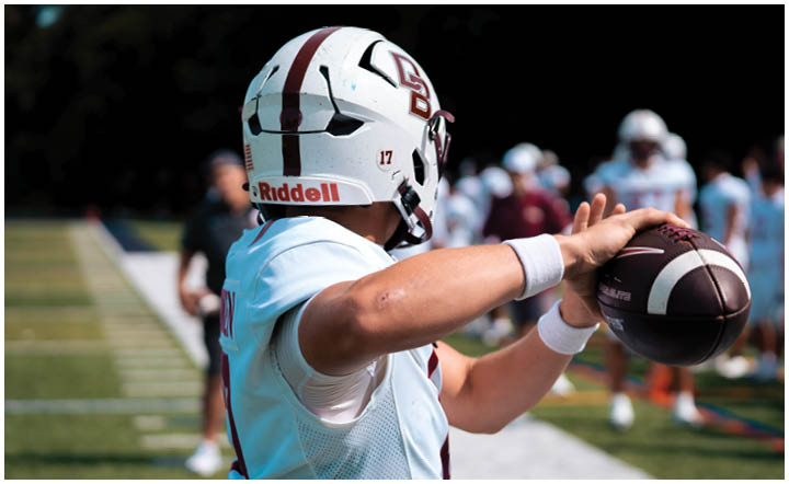 A football player wearing a blue and red jersey. Description generated by AI