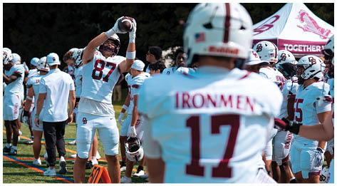 A football player wearing a blue and red jersey. Description generated by AI