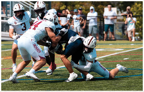 A football player wearing a blue and red jersey. Description generated by AI