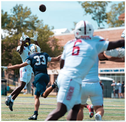 A football player running on the field. Description generated by AI