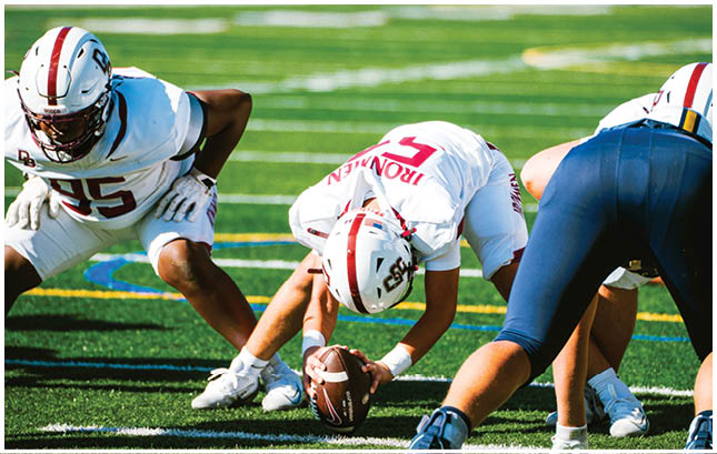 A football player wearing a blue and red jersey. Description generated by AI