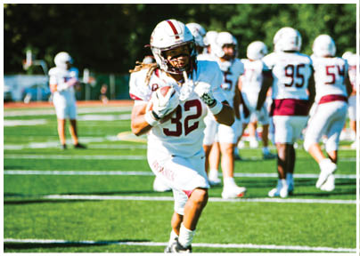 A football player wearing a blue and red jersey. Description generated by AI