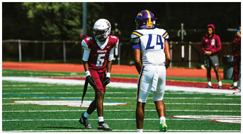 A football player wearing a blue and red jersey. Description generated by AI
