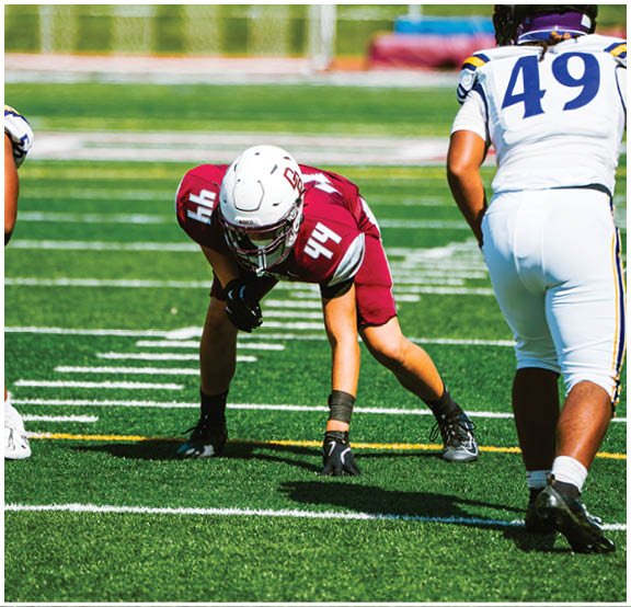 A football player wearing a blue and red jersey. Description generated by AI