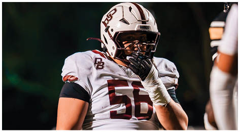 A football player wearing a blue and red jersey. Description generated by AI
