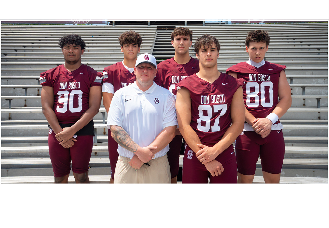 Left to right: Coach Cobb, Geraci Figueroa, Vincenty, Chorbajian, Roemer,TIGHT END