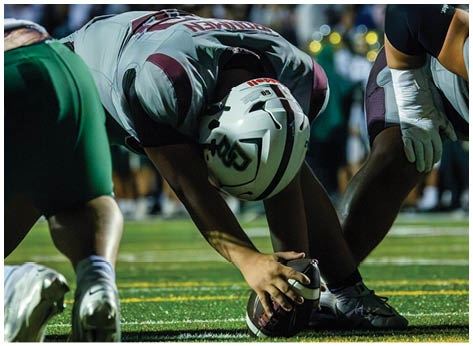 A football player wearing a blue and red jersey. Description generated by AI