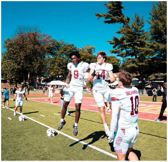 A football player wearing a blue and red jersey. Description generated by AI