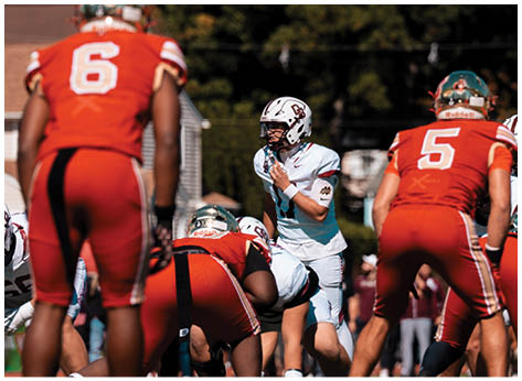 A football player wearing a blue and red jersey. Description generated by AI