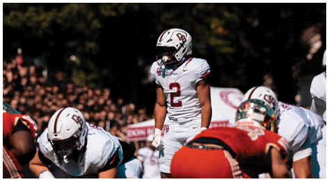A football player wearing a blue and red jersey. Description generated by AI