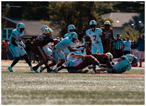 A football player wearing a blue and red jersey. Description generated by AI