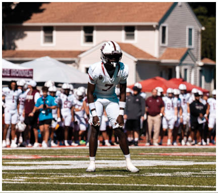 A football player running on the field. Description generated by AI