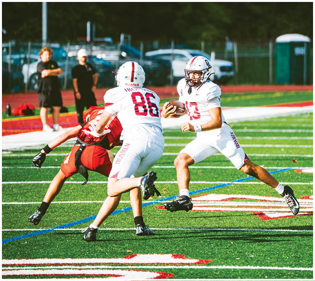 A football player wearing a blue and red jersey. Description generated by AI