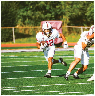A football player wearing a blue and red jersey. Description generated by AI