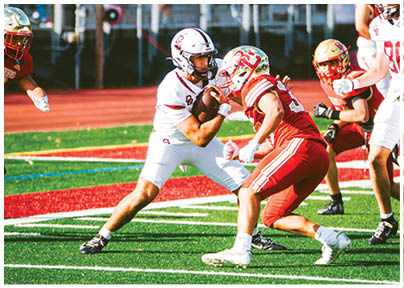 A football player wearing a blue and red jersey. Description generated by AI