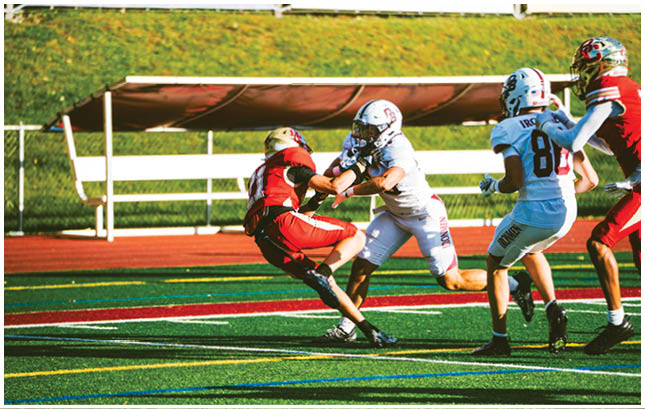 A football player wearing a blue and red jersey. Description generated by AI