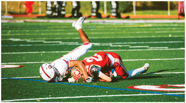 A football player wearing a blue and red jersey. Description generated by AI