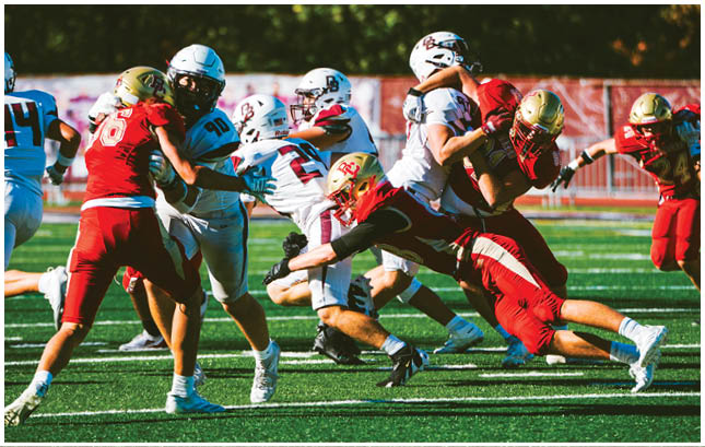 A football player wearing a blue and red jersey. Description generated by AI