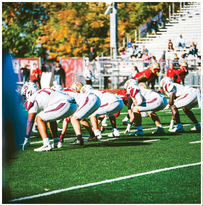 A football player wearing a blue and red jersey. Description generated by AI