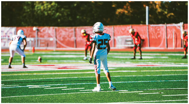 A football player wearing a blue and red jersey. Description generated by AI