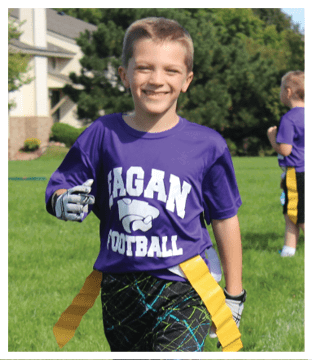 A football player wearing a blue and red jersey. Description generated by AI