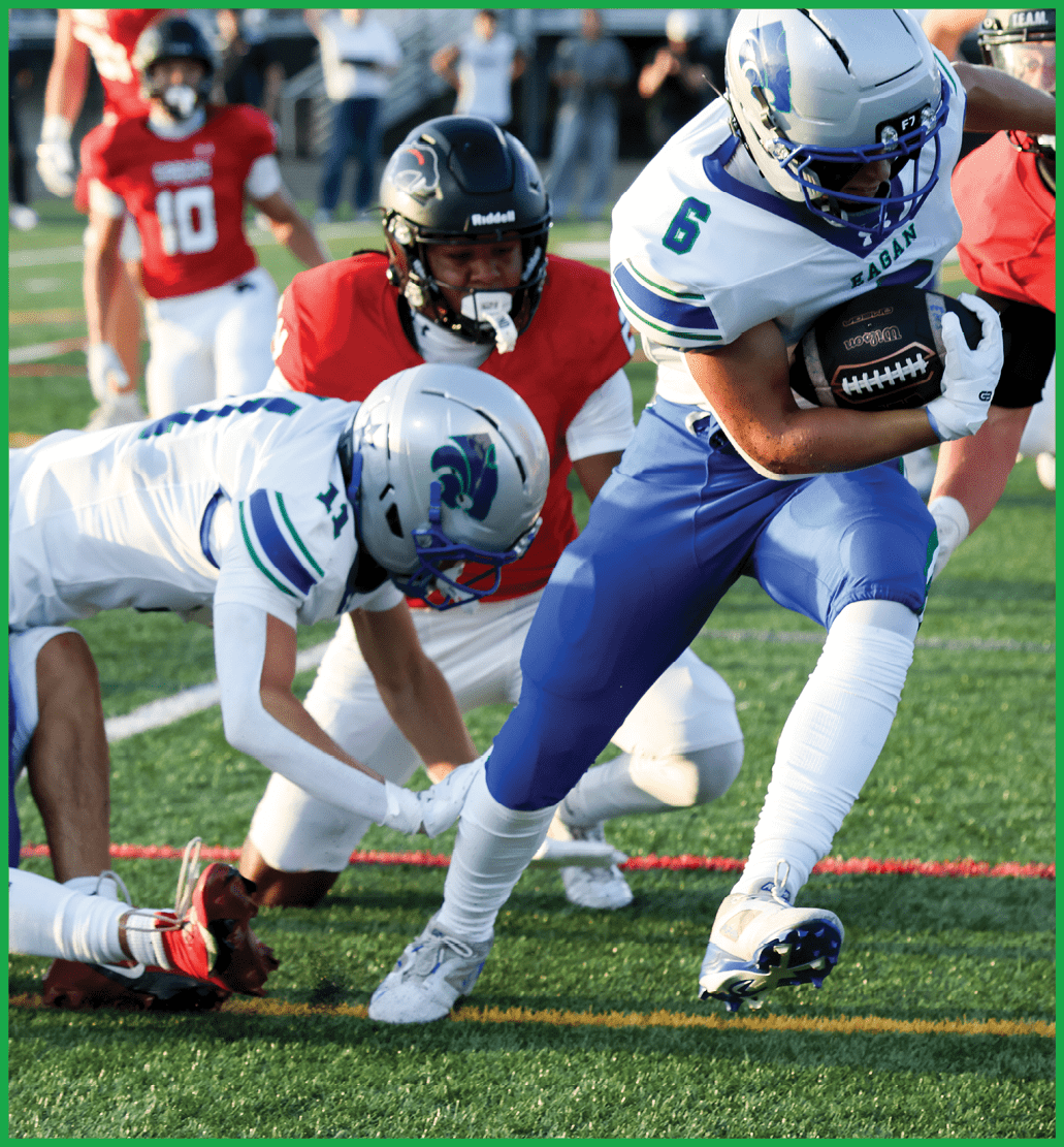 A football player running on the field. Description generated by AI