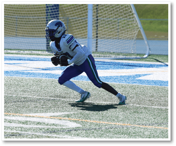 A football player is kicking a football on a field. Description generated by AI