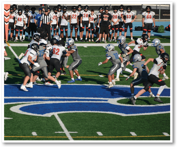A football player is kicking a football on a field. Description generated by AI
