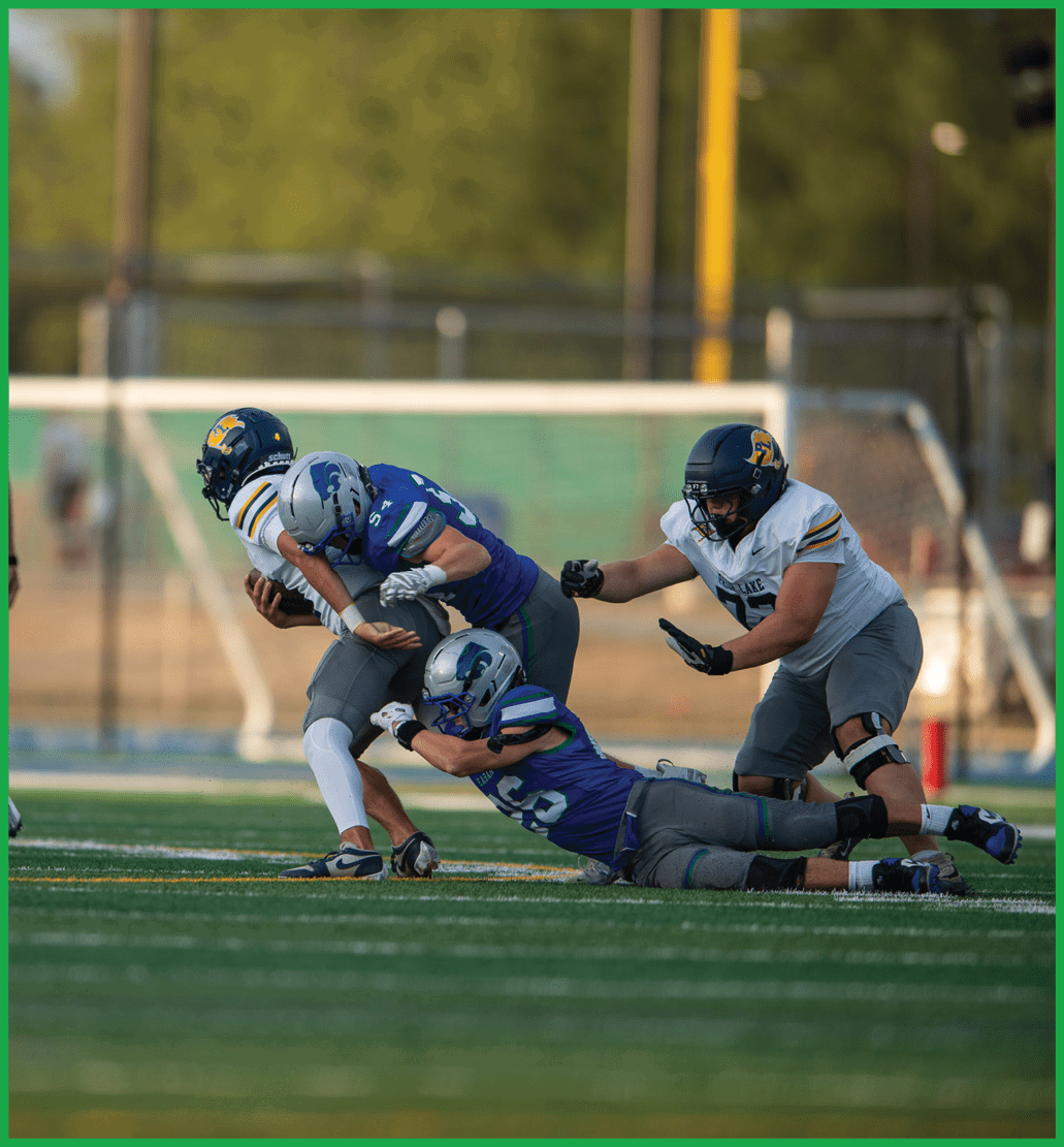 A football player running on the field. Description generated by AI