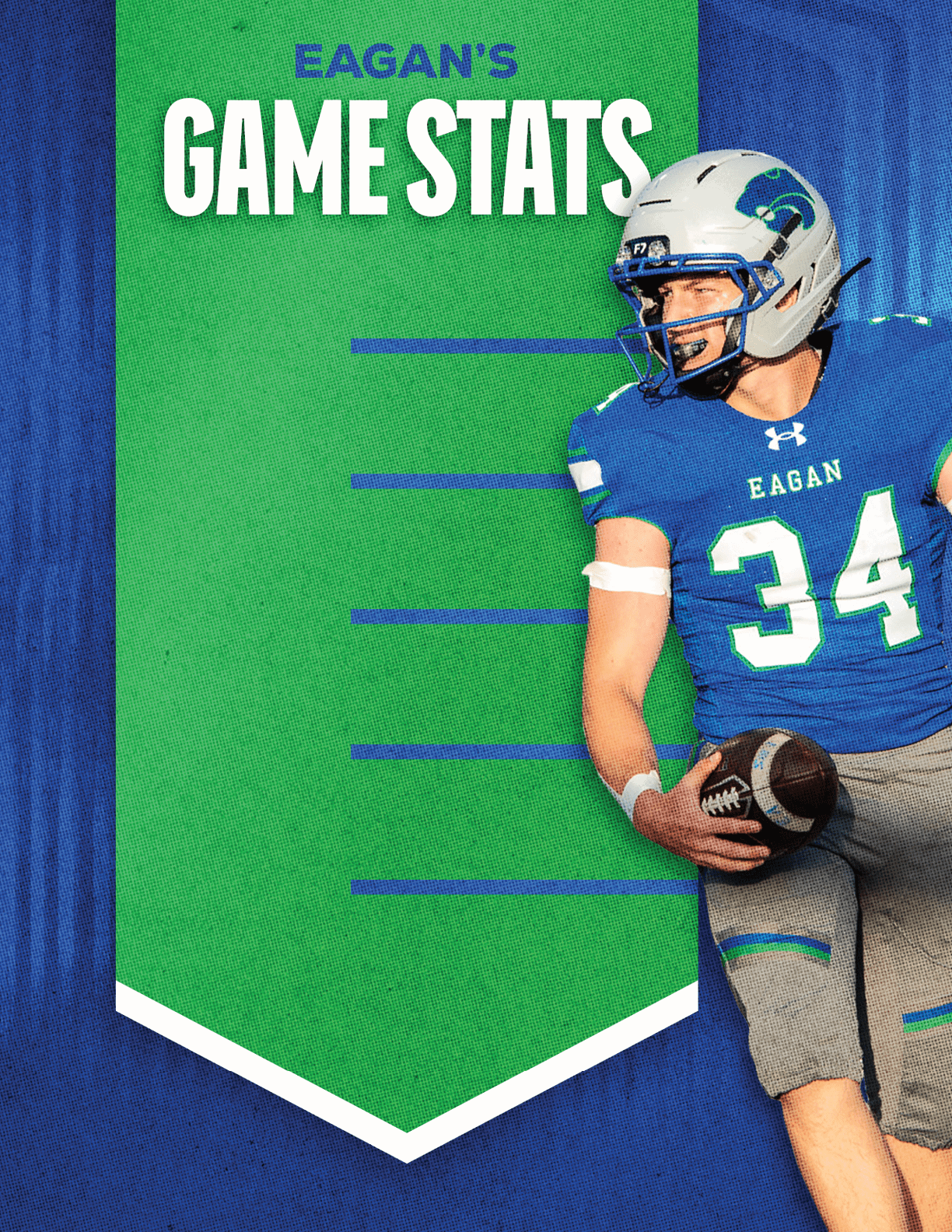 A football player wearing a blue and red jersey. Description generated by AI