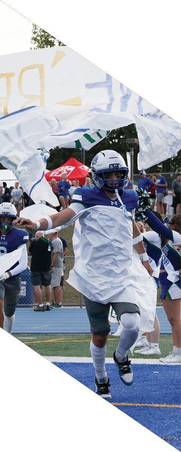 A football player wearing a helmet and white uniform is holding his helmet above his head. AI generated content