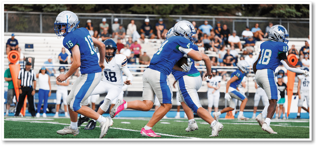 A football player running on the field. Description generated by AI