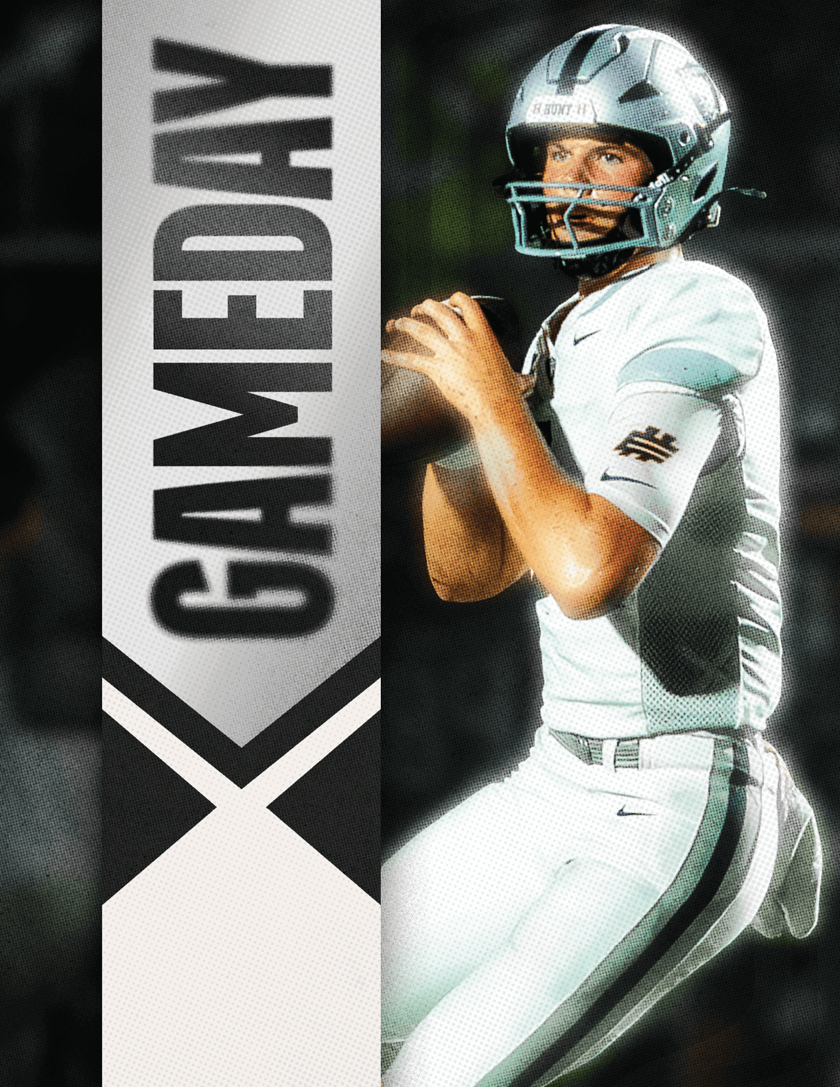 A football player is tackled by another player. Description generated by AI