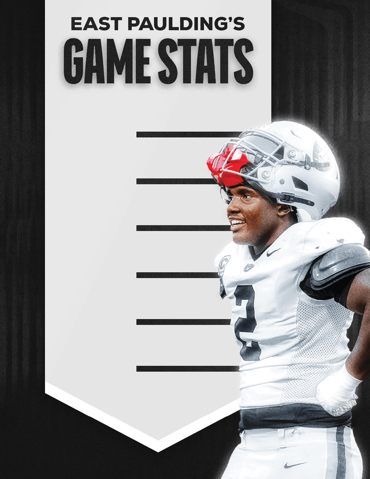 A football player wearing a blue and red jersey. Description generated by AI