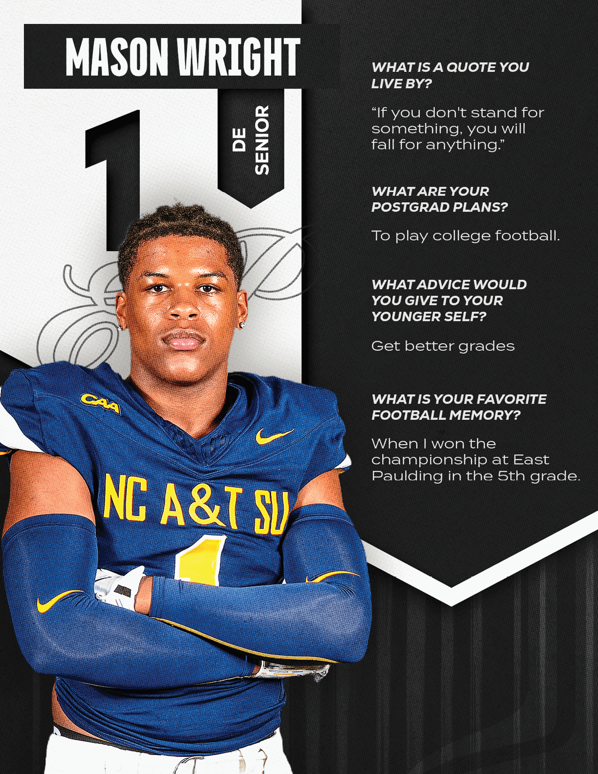 A football player wearing a blue and red jersey with the number 15 on it. Description generated by AI
