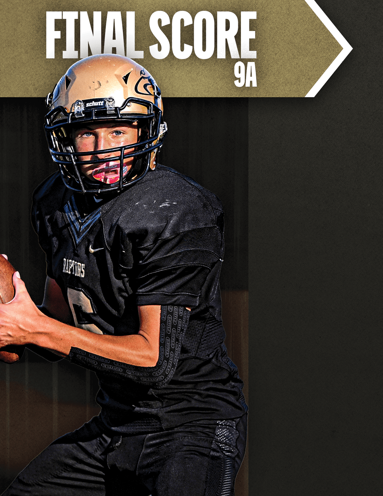 A football player with a white helmet and blue jersey. Description generated by AI