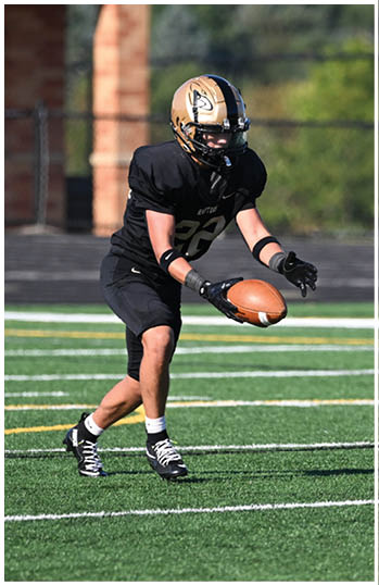 A football player running on the field. Description generated by AI