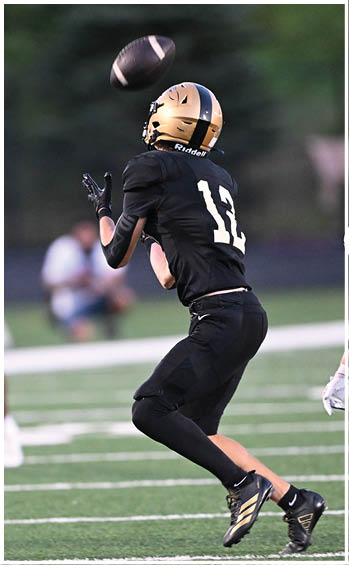 A football player running on the field. Description generated by AI
