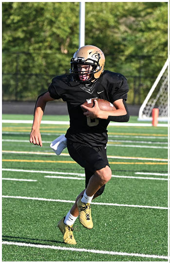 A football player running on the field. Description generated by AI