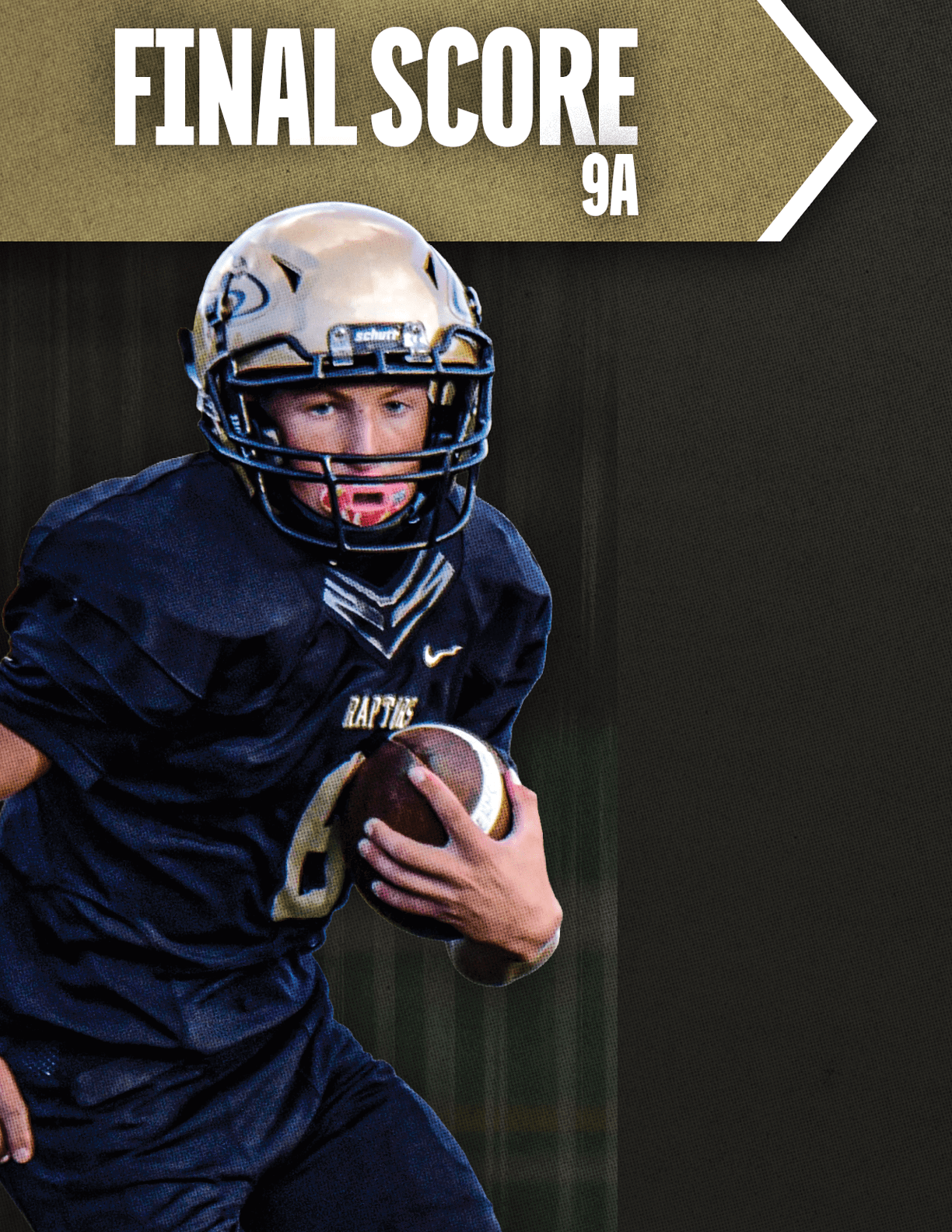 A football player with a white helmet and blue jersey. Description generated by AI