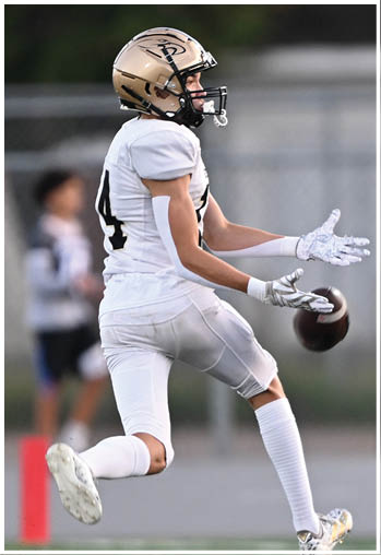 A football player running on the field. Description generated by AI