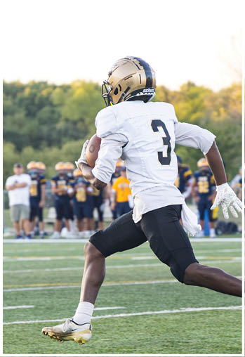 A football player running on the field. Description generated by AI