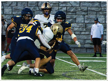 A football player running on the field. Description generated by AI