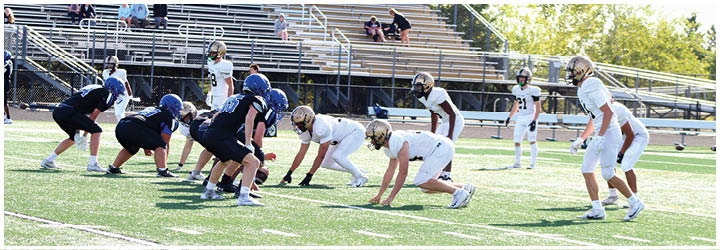 A group of football players on a field. Description generated by AI