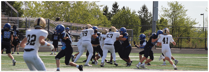 A group of football players on a field. Description generated by AI