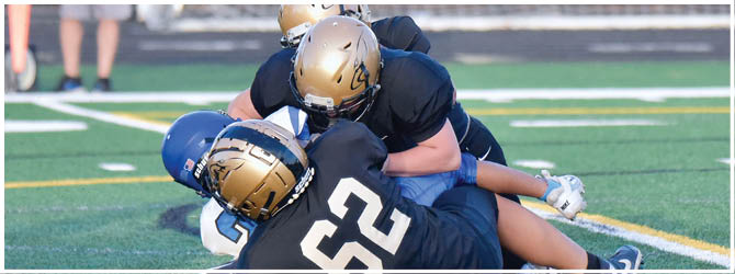 A group of football players on a field. Description generated by AI