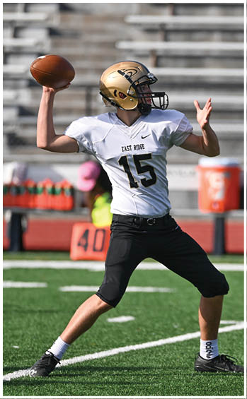 A football player running on the field. Description generated by AI