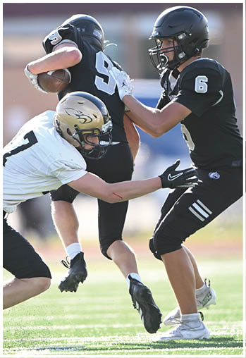 A football player running on the field. Description generated by AI