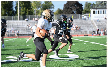 A football player running on the field. Description generated by AI