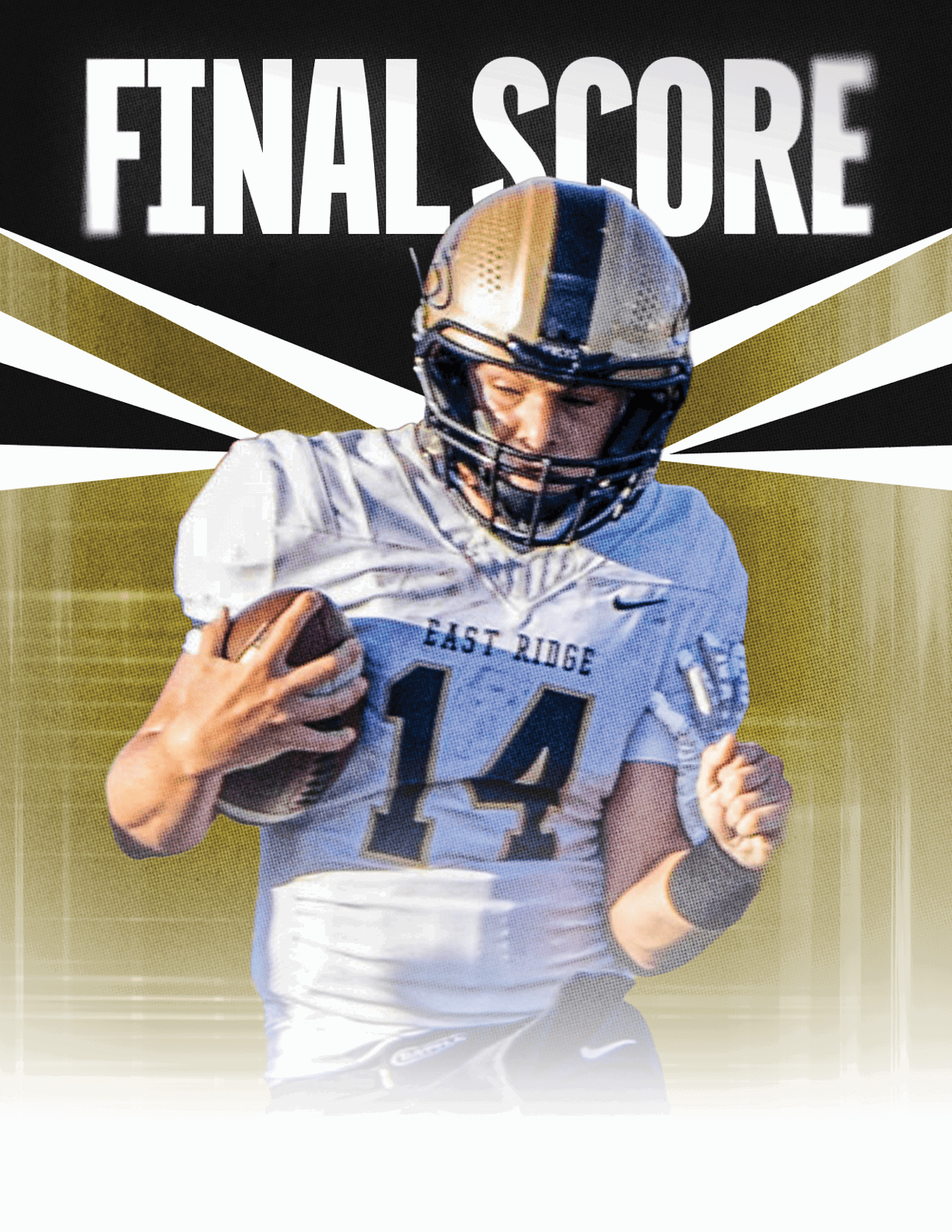 A football player wearing a black helmet with a green ribbon. Description generated by AI